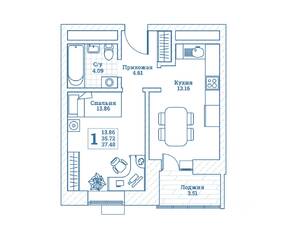 ЖК «Новоград Монино», планировка 1-комнатной квартиры, 37.70 м²
