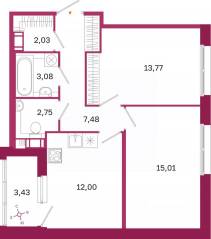 ЖК «Дом на Курской», планировка 2-комнатной квартиры, 57.84 м²
