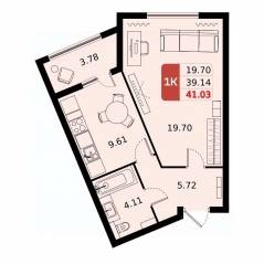 ЖК «ДОМодедово Парк», планировка 1-комнатной квартиры, 41.03 м²