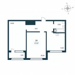 ЖК «Расцветай в Янино», планировка 2-комнатной квартиры, 59.30 м²