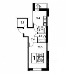 ЖК «Космос», планировка 1-комнатной квартиры, 46.95 м²