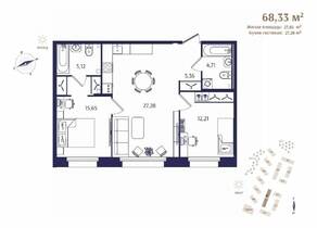 ЖК «Ranta Residence», планировка 2-комнатной квартиры, 68.33 м²