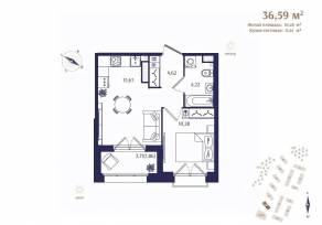 ЖК «Ranta Residence», планировка 1-комнатной квартиры, 36.59 м²