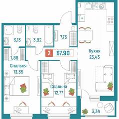 ЖК «Графика», планировка 2-комнатной квартиры, 67.90 м²