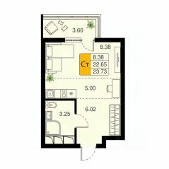 ЖК «Химки Тайм», планировка студии, 23.73 м²