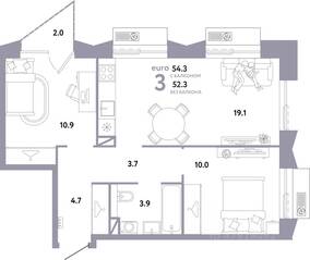 ЖК «Страна.Заречная», планировка 3-комнатной квартиры, 54.30 м²
