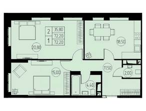 ЖК «31 квартал», планировка 2-комнатной квартиры, 72.20 м²