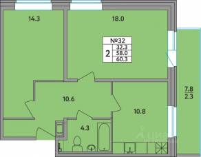 ЖК «Удача», планировка 2-комнатной квартиры, 60.30 м²
