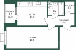ЖК «Зеленая вертикаль», планировка 1-комнатной квартиры, 41.70 м²