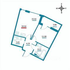 ЖК «Левитан», планировка 1-комнатной квартиры, 39.50 м²