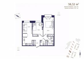 ЖК «Ranta Residence», планировка 2-комнатной квартиры, 58.32 м²