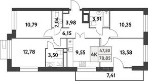 ЖК «Smart Garden», планировка 4-комнатной квартиры, 78.80 м²