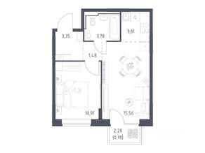 ЖК «Богдановский Лес», планировка 1-комнатной квартиры, 39.47 м²