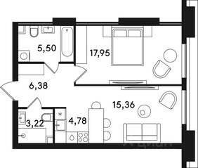 ЖК «Солос», планировка 1-комнатной квартиры, 53.19 м²