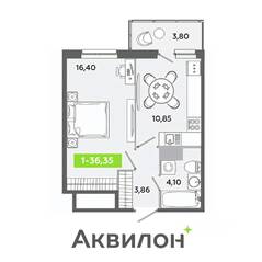 ЖК «Аквилон ЯНИНО», планировка 1-комнатной квартиры, 36.35 м²