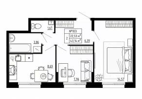 МЖК «Аннино Сити», планировка 2-комнатной квартиры, 43.13 м²