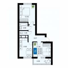 ЖК «Химки Тайм», планировка 2-комнатной квартиры, 48.56 м²