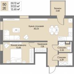 Апарт-комплекс «Резиденция Рощино», планировка 1-комнатной квартиры, 57.03 м²