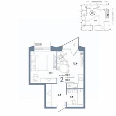 ЖК «Страна.Заречная», планировка 2-комнатной квартиры, 35.20 м²