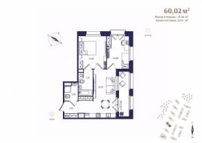 ЖК «Ranta Residence», планировка 2-комнатной квартиры, 60.02 м²