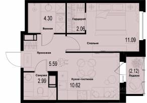ЖК «ID Murino III», планировка 1-комнатной квартиры, 37.82 м²