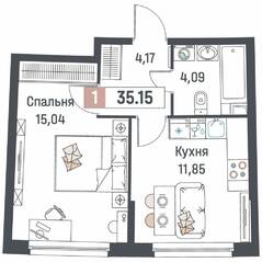 ЖК «Авиатор» (Девяткино), планировка 1-комнатной квартиры, 35.15 м²