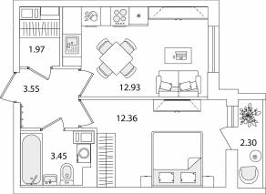 ЖК «Кинопарк», планировка 1-комнатной квартиры, 35.41 м²