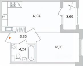 МЖК «Дубровский», планировка 1-комнатной квартиры, 39.59 м²