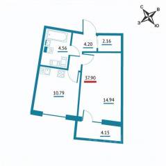ЖК «Левитан», планировка 1-комнатной квартиры, 37.90 м²
