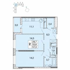 ЖК «Центр-2», планировка 2-комнатной квартиры, 57.50 м²