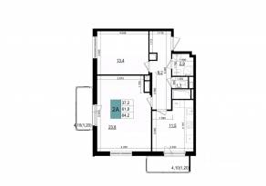 ЖК «Одинцово сити», планировка 2-комнатной квартиры, 64.20 м²