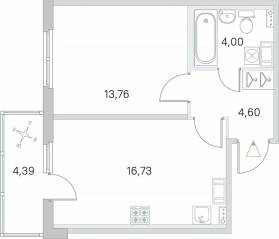 МЖК «Любоград», планировка 1-комнатной квартиры, 40.41 м²