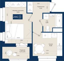 ЖК «Новатория», планировка 1-комнатной квартиры, 32.93 м²
