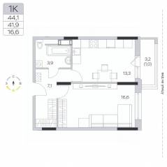 ЖК «Пироговская Ривьера», планировка 1-комнатной квартиры, 42.00 м²