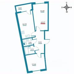 ЖК «Левитан», планировка 2-комнатной квартиры, 63.27 м²