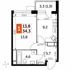 МФК «Датский квартал», планировка 1-комнатной квартиры, 34.10 м²