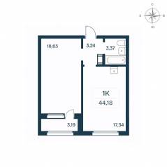 ЖК «Расцветай в Янино», планировка 1-комнатной квартиры, 44.30 м²