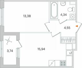 МЖК «Дубровский», планировка 1-комнатной квартиры, 40.08 м²