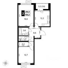 ЖК «Южная Битца», планировка 2-комнатной квартиры, 60.40 м²