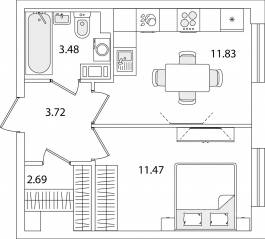 ЖК «Кинопарк», планировка 1-комнатной квартиры, 33.19 м²