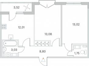 МЖК «Любоград», планировка 2-комнатной квартиры, 53.45 м²