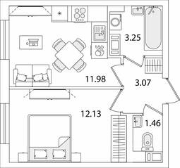 ЖК «Кинопарк», планировка 1-комнатной квартиры, 31.89 м²