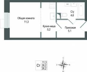 ЖК «Киноквартал», планировка студии, 26.20 м²