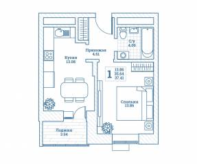 ЖК «Новоград Монино», планировка 1-комнатной квартиры, 37.30 м²