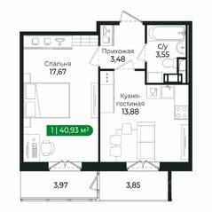 ЖК «Sertolovo Park», планировка 1-комнатной квартиры, 40.93 м²
