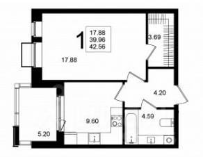 ЖК «Мишино-2», планировка 1-комнатной квартиры, 42.56 м²