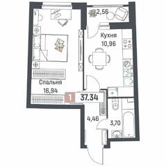 ЖК «Авиатор» (Девяткино), планировка 1-комнатной квартиры, 37.34 м²