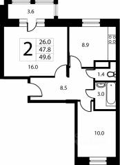 ЖК Город-событие «Лайково», планировка 2-комнатной квартиры, 48.10 м²