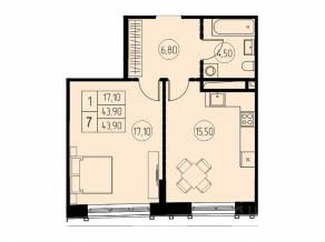 ЖК «7 небо», планировка студии, 43.90 м²