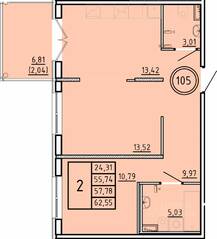 МЖК «Образцовый квартал 16», планировка 2-комнатной квартиры, 55.74 м²